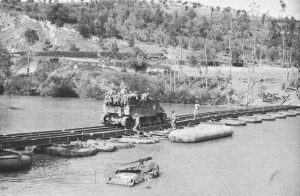 US self-propelled 105-mm howitzer on a pontoon treadway bridge at the Volturno River, Italy, 1943 (US Army Center for Military History)