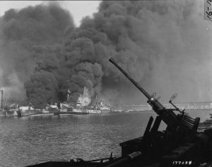 Allied ships burning at Bari, Italy, after Luftwaffe air raid 2 Dec 1943 (US Army Signal Corps)