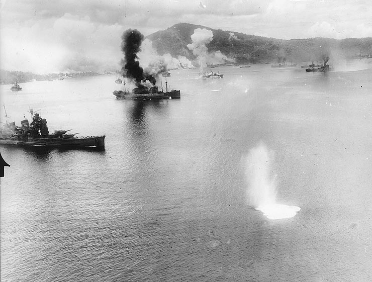US 3rd Bomb Group bombers attacking Haguro and other ships in Simpson Harbor, Rabaul, New Britain, 2 Nov 1943 (US Naval History and Heritage Command: NH 95559)