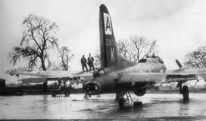 B-17G of the 94th Bomb Group at Bury St. Edmunds, England, showing damage sustained over Brunswick Germany, 11 January 1944 (USAF Historical Research Agency)