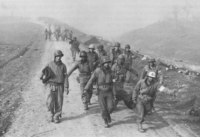 US casualties being brought back from the Rapido in Italy, January 1944. (US Army Center of Military History)