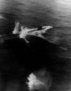 Rocket attack on German submarine U-758 by TBF Avengers from USS Block Island northeast of the Azores, 11 Jan 1944 (US Navy photo: 80-G-222841)