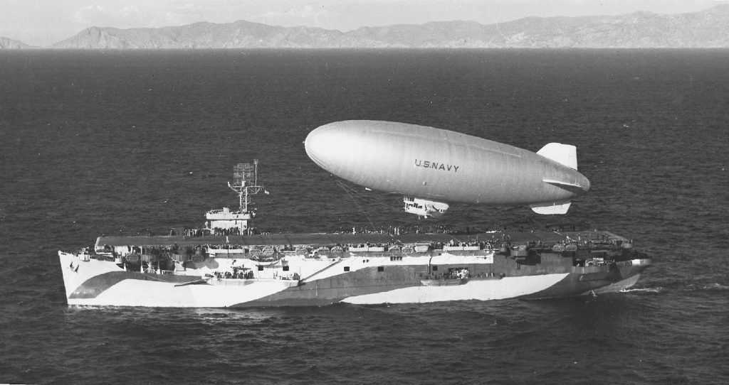 K-29 of Airship Patrol Squadron ZP-31 lifts off from escort carrier USS Altamaha off the California coast, 24 Feb 1944 (US Navy photo)