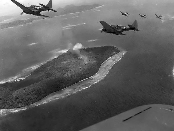 US Navy SBD Dauntless bombers over Truk Atoll, 16-18 February 1944 (US National Archives)
