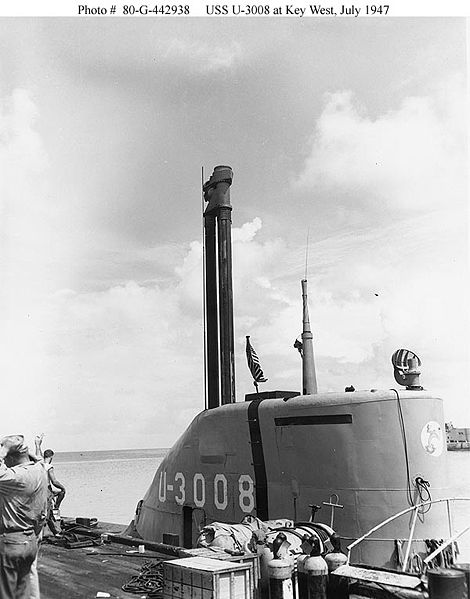 Submarine USS U-3008 (former German sub U-3008) with snorkel raised. (US Navy photo)