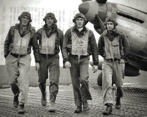 Lt. Richard Peterson, Maj. Leonard "Kit" Carson, Maj. John England, and Lt. Clarence "Bud" Anderson, the highest scoring aces of the US 357th Fighter Group (Imperial War Museum, American Air Museum: UPL 6845)