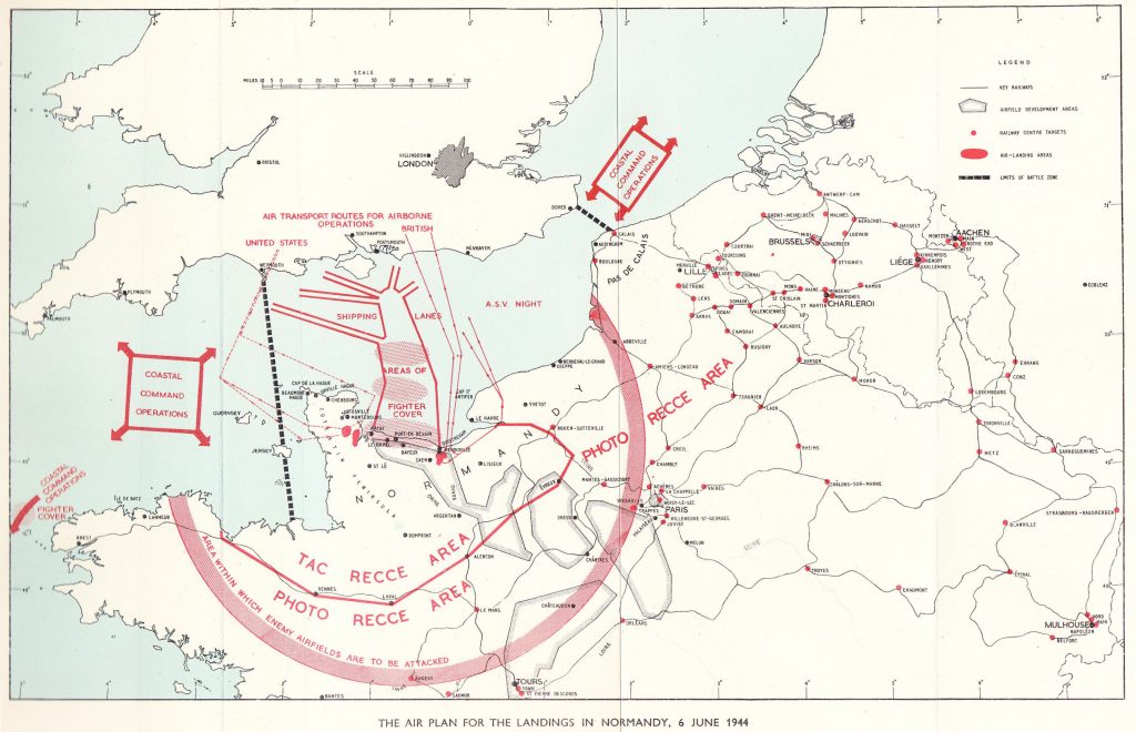 Map of the Allied air plan for the landings in Normandy, 6 June 1944. (From Saunders, Hilary St. George. Royal Air Force 1939-1945, Volume III: The Fight Is Won. London: Her Majesty’s Stationery Office, 1954. Public domain via Hyperwar website).