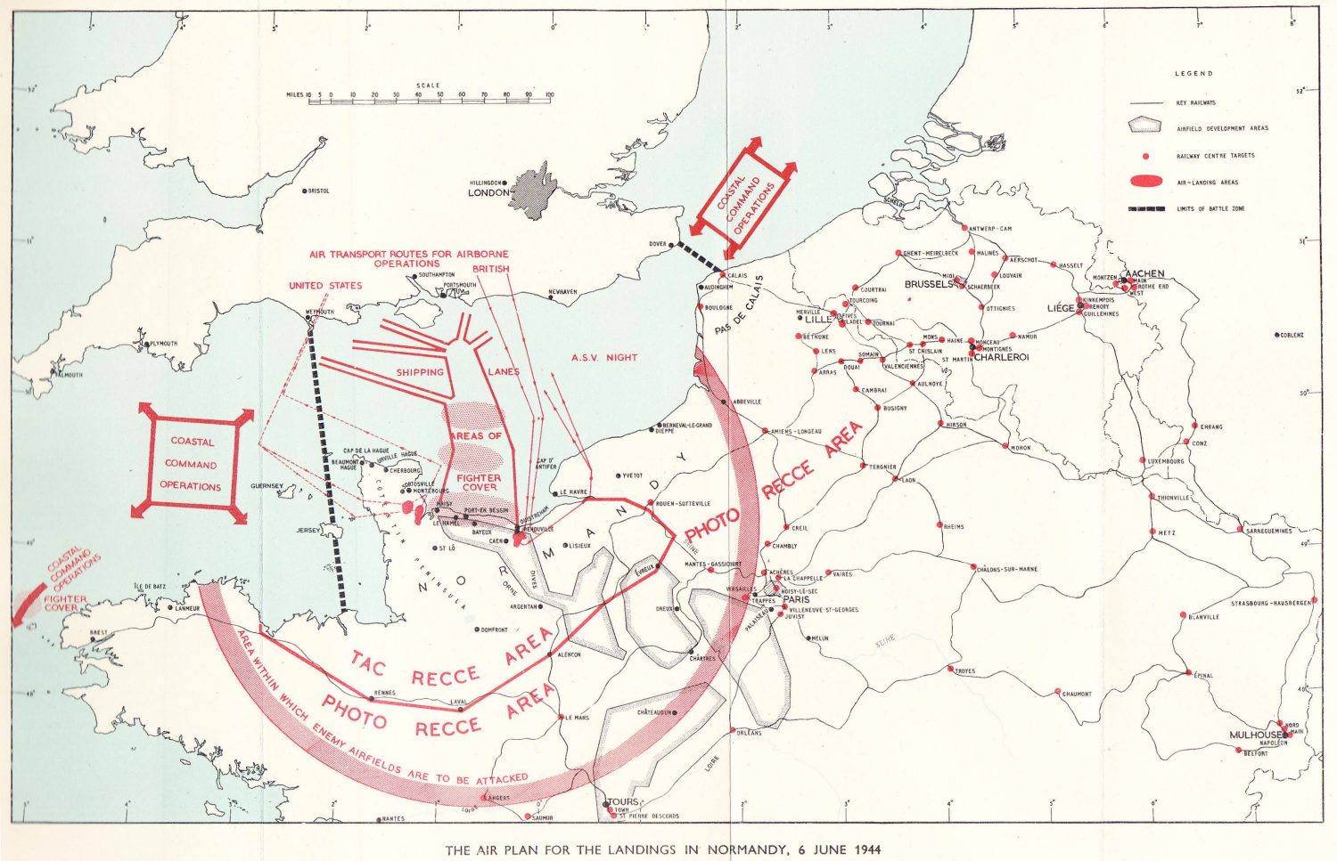 Map of the Allied air plan for the landings in Normandy, 6 June 1944. (From Saunders, Hilary St. George. Royal Air Force 1939-1945, Volume III: The Fight Is Won. London: Her Majesty’s Stationery Office, 1954. Public domain via Hyperwar website).