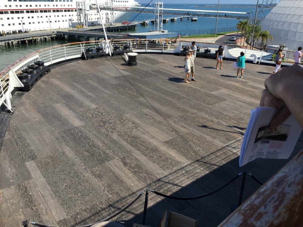 Looking down on the main deck at the stern of the Queen Mary. Long Beach, CA, June 2017 (Photo: Sarah Sundin)