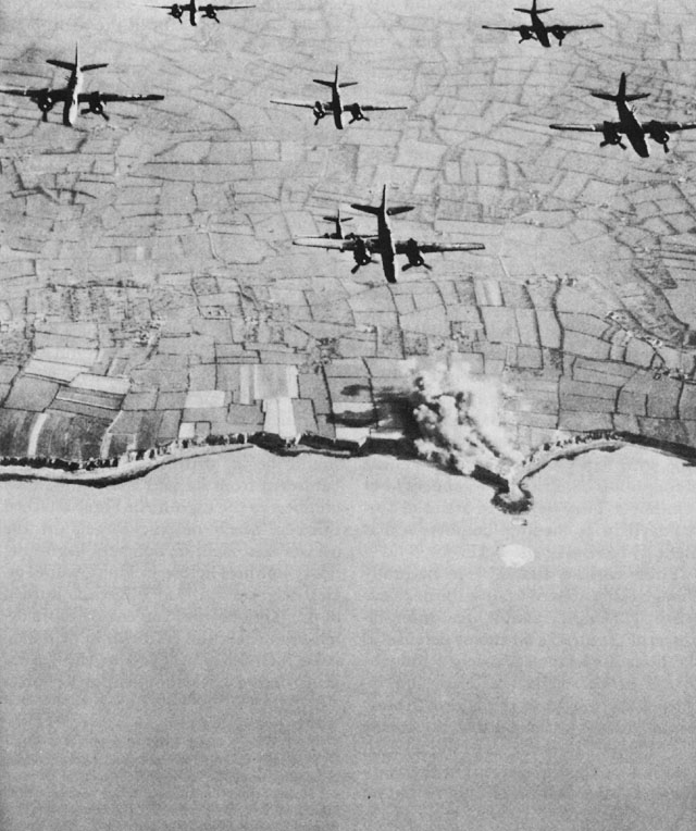 Pre-invasion Bombing of Pointe du Hoc by US Ninth Air Force A-20 light bombers, spring 1944. (US Army Center for Military History)