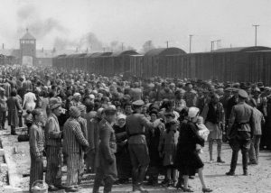"Selection" of Hungarian Jews on the ramp at Auschwitz-II-Birkenau in German-occupied Poland, May/June 1944 (public domain via Yad Vashem)