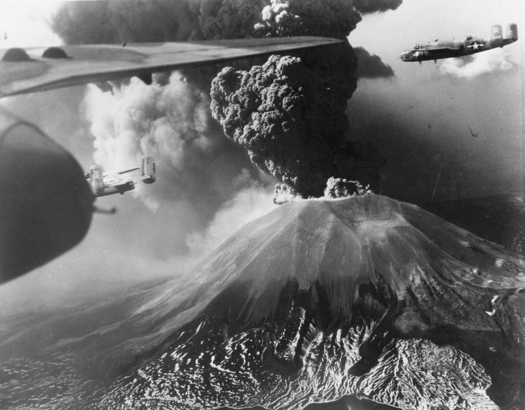B-25 Mitchells of the US 321st Bomb Group flying past Mount Vesuvius, Italy during its eruption of 18-23 Mar 1944 (USAF photo)