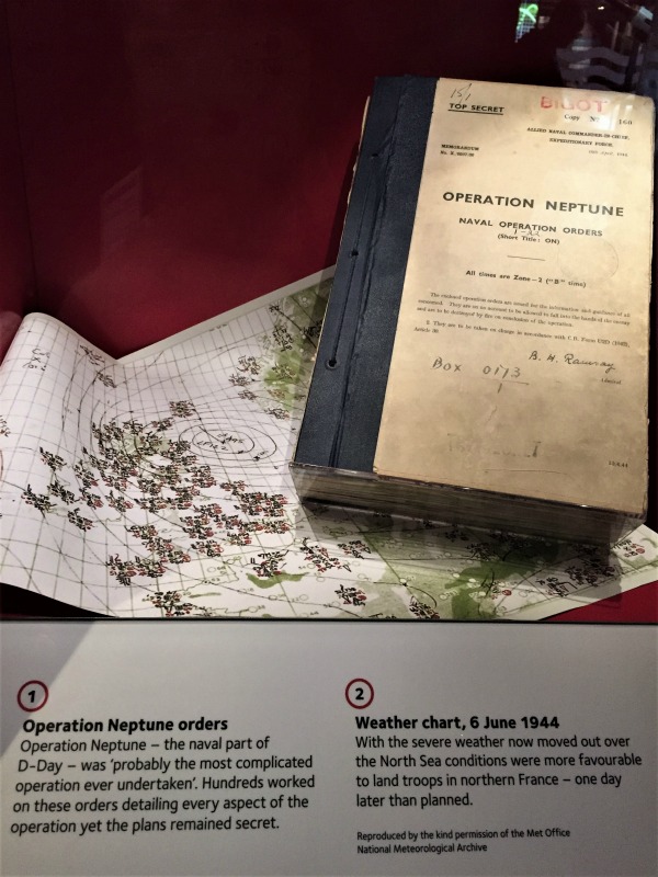 A copy of Operation Neptune orders and a weather map, on display at the National Museum of the Royal Navy, Portsmouth, England, September 2017 (Photo: Sarah Sundin)