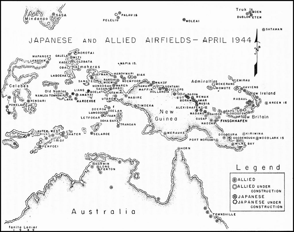 Map of Japanese and Allied airfields in the Southwest Pacific Area, April 1944 (Source: US Air Force)