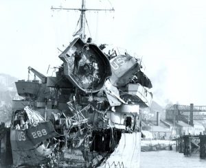 USS LST-289 after being damaged by German torpedo boats off Slapton Sands on 28 April 1944 (US National Archives, via US Naval History and Heritage Command)