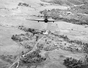 Hawker Hurricane of RAF No.42 Squadron piloted by Flying Officer "Chowringhee" Campbell, attacking a bridge in Burma on the Tiddim Road near Imphal (Imperial War Museum: CF 175)