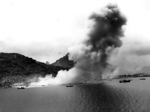 Japanese naval base at Truk in the Caroline Islands after US naval air attack, 30 April 1944 (US National Archives)