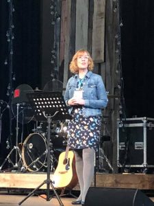 Sarah Sundin speaking at the West Coast Christian Writers Conference, Livermore, CA, 15 February 2019