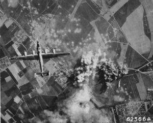 B-24 Liberator of the 705th Bomb Squadron over Orly Airfield, Paris, May 14 1944 (US National Archives)
