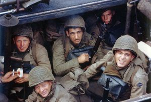 Army Rangers of the US 5th Ranger Battalion in an LCA landing craft about to board their troopship for D-day, Weymouth, England, 1 June 1944 (US National Archives)