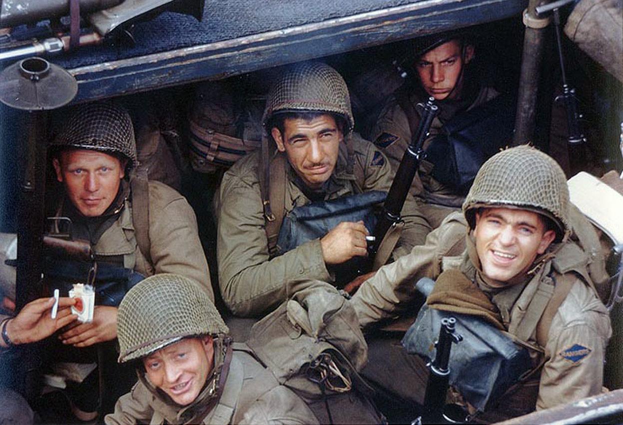Army Rangers of the US 5th Ranger Battalion in an LCA landing craft about to board their troopship for D-day, Weymouth, England, 1 June 1944 (US National Archives)