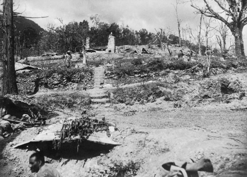 Destroyed commissioner’s bungalow and tennis court, Kohima, India, Mar-Jul 1944 (Imperial War Museum)