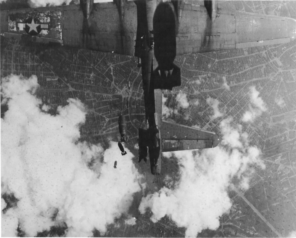 B-17G Flying Fortress “Miss Donna Mae II” drifting under another bomber over Berlin, 19 May 1944 (US National Archives)