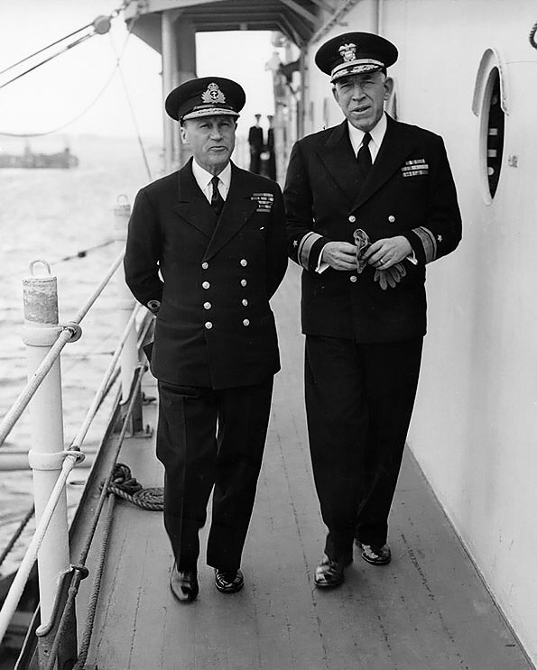 British Adm. Sir Bertram Ramsay, Allied Naval Commander for D-day, and US Navy Rear Admiral John Hall, commander of amphibious operations, aboard command ship USS Ancon, 25 May 1944 (US National Archives)