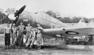 No. 4 Squadron RAAF pilots posing in front of Boomerang aircraft, Nadzab, New Guinea, 5 Oct 1943 (Australian War Memorial)