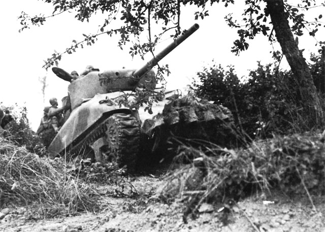US tank, modified with iron teeth, cuts through the bocage (hedgerows) in Normandy, France, July 1944 (US Army Center of Military History)