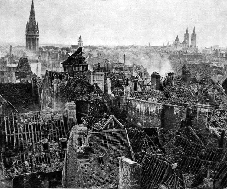 Ruins of Caen, France, including Église Saint-Pierre, 10 July 1944 (public domain via WW2 Database)