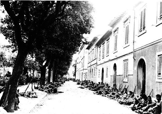 Japanese-American troops of 100th Infantry Battalion of US 442nd Regimental Combat Team resting in Livorno, Italy, 19 July 1944. (Hawaii War Records Depository)