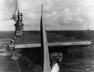SBD Dauntless after taking off from the carrier USS Lexington for strikes against Saipan in the Mariana Islands, 13 Jun 1944 (US National Museum of Naval Aviation)