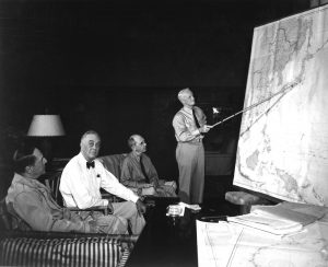 Pres. Franklin Roosevelt in conference with Gen. Douglas MacArthur, Adm. Chester Nimitz, and Adm. William Leahy, Hawaii, July 1944. (US Navy photo)