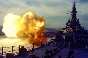 USS Missouri firing a salvo in her shakedown period, August 1944 (US National Archives)