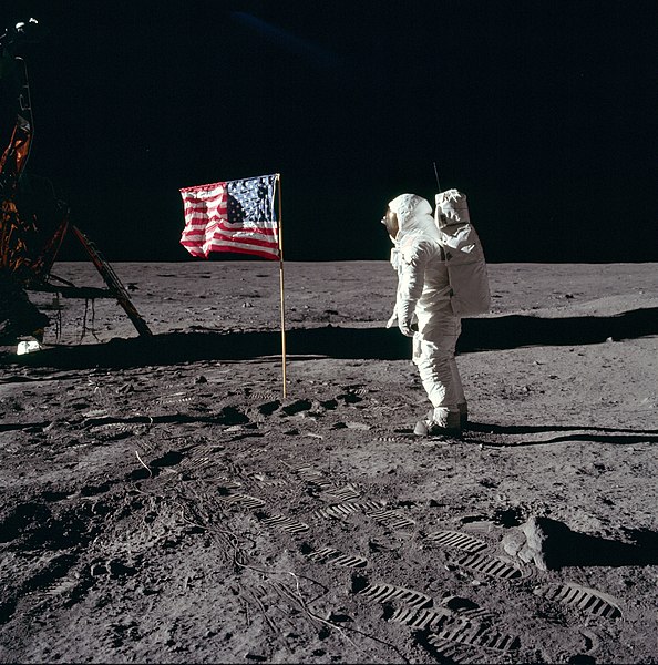Astronaut Buzz Aldrin salutes the US flag on the moon, 20 July 1969 (NASA photo)