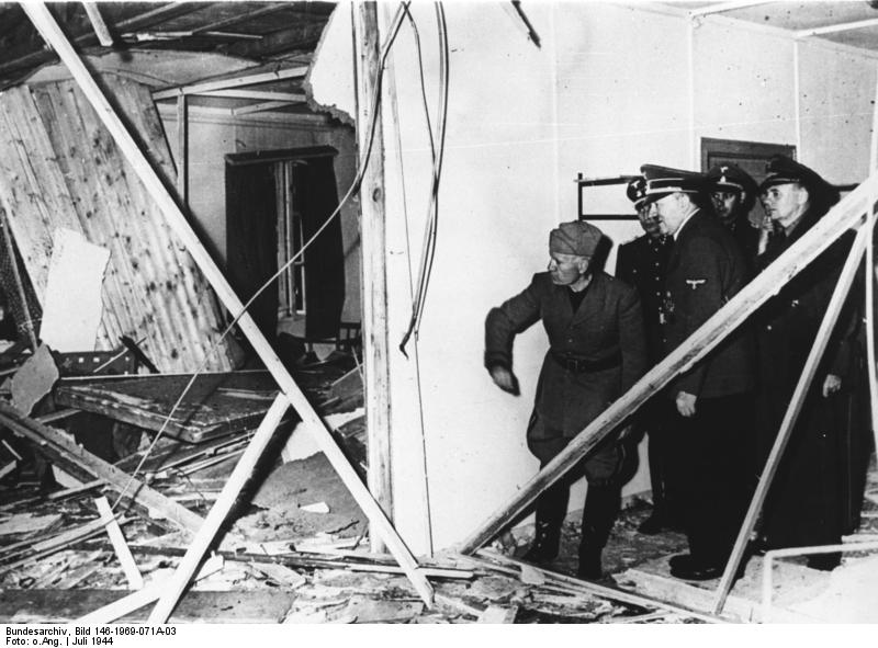 Adolf Hitler showing Benito Mussolini the wreckage after the unsuccessful assassination attempt on Adolf Hitler, Wolfsschanze, Rastenburg, Germany, late July 1944 (German Federal Archive: Bild 146-1969-071A-03)