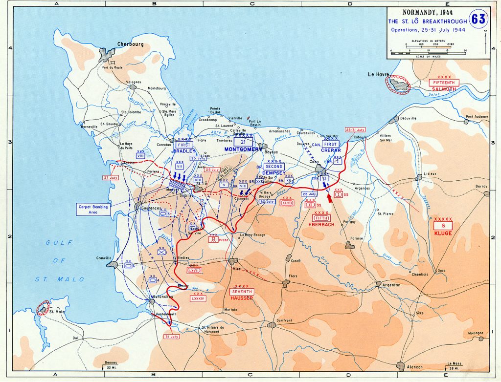 Map showing the Allied breakthrough at Saint-Lô, France, 25-31 July 1944 (US Military Academy)