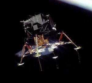 Apollo 11 Lunar Module Eagle descending to the moon, 20 July 1969, photographed from command module Columbia (NASA photo)