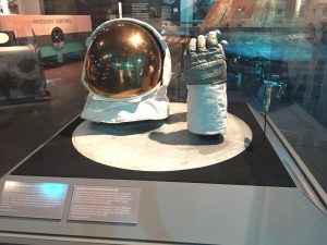 Astronaut Buzz Aldrin’s visor and glove from the Apollo 11 mission, on display at Heinz History Center, Pittsburgh, PA, October 2018 (Photo: Sarah Sundin)
