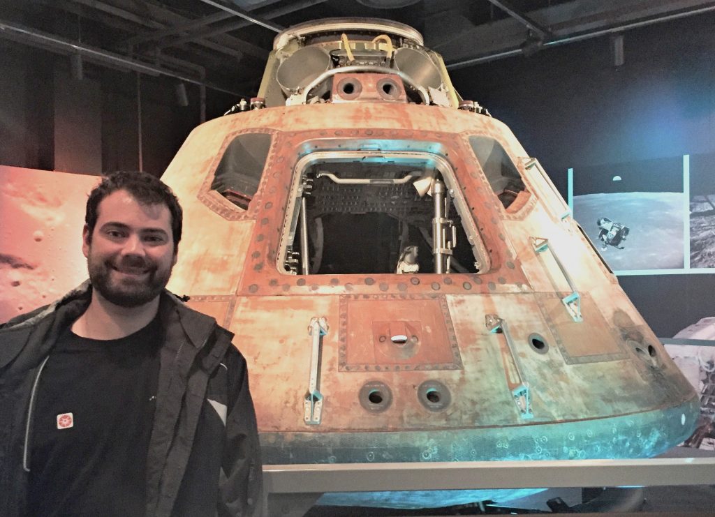 Stephen Sundin with the actual Apollo 11 command module Columbia, on display at Heinz History Center, Pittsburgh, PA, October 2018 (Photo: Sarah Sundin)