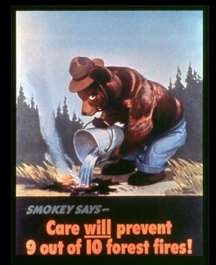 Smokey Bear's first appearance on a Forest Fire Prevention campaign poster, released on August 9, 1944 