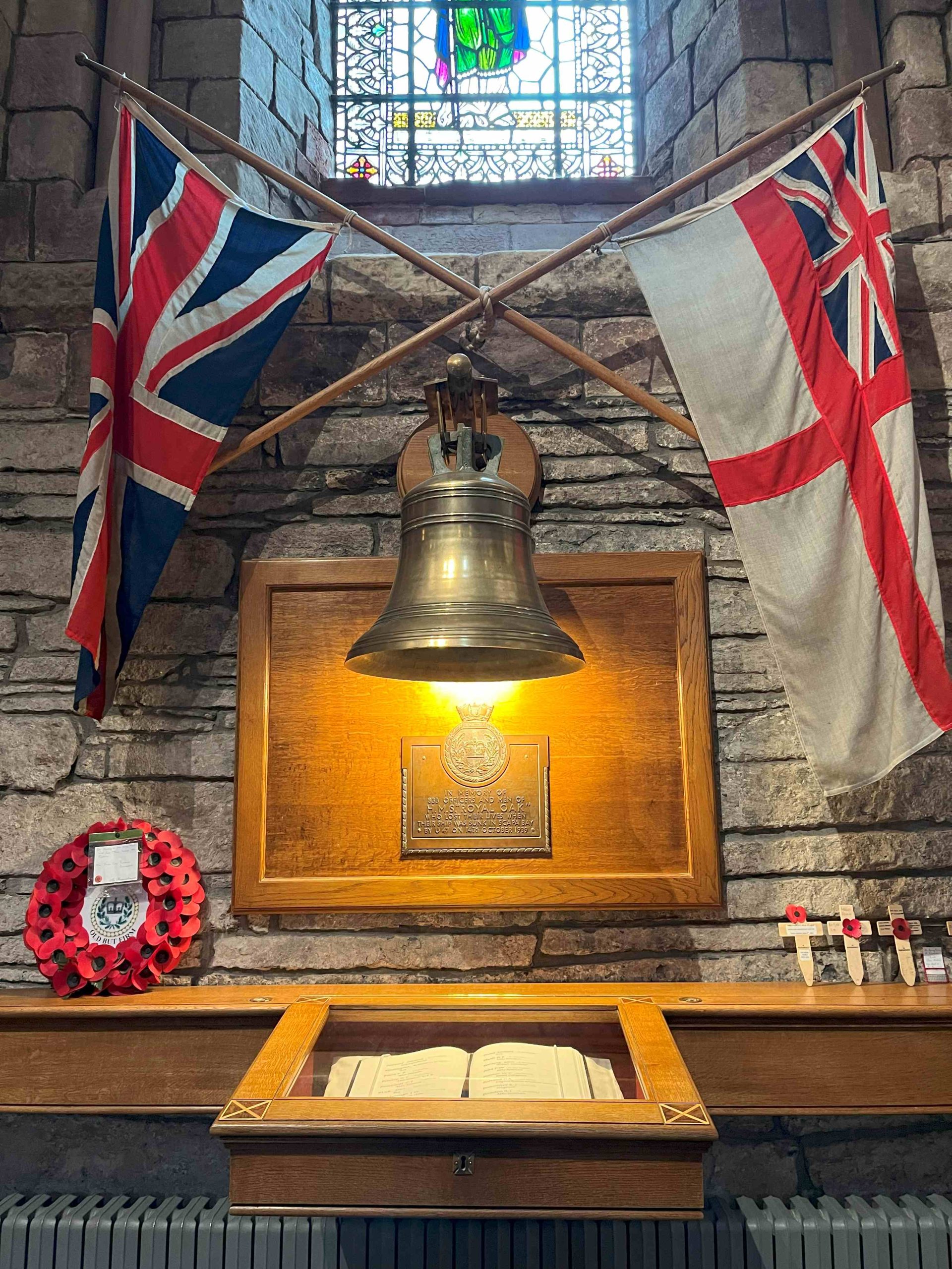 The bell of battleship HMS Royal Oak, St. Magnus Cathedral, Kirkwall, Orkney (Photo: Sarah Sundin, 7 May 2024)
