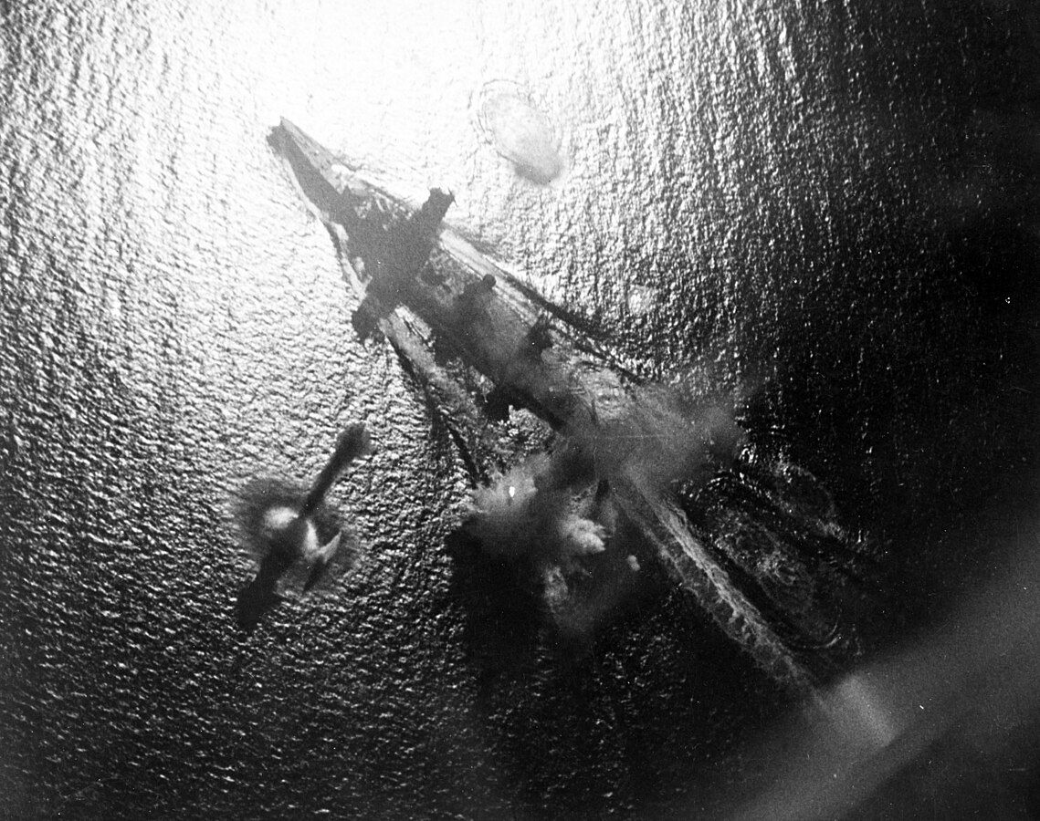 Japanese Battleship Fuso or Yamashiro under attack by aircraft from carrier USS Enterprise during the Battle of Leyte Gulf, 24 October 1944 (US Naval History & Heritage Command: 80-G-281763)