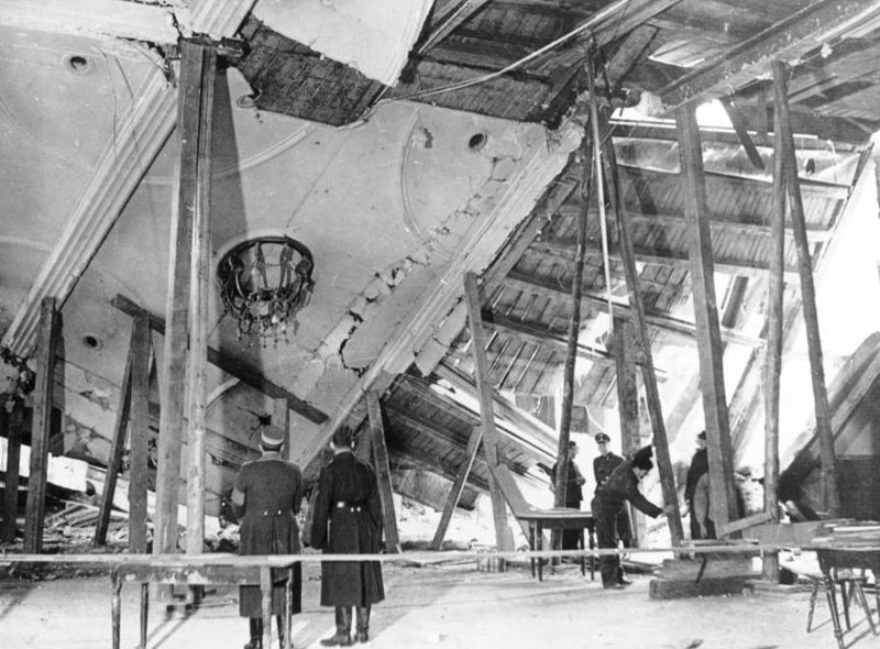 Damage in the Bürgerbräukeller in Munich, Germany after the failed assassination attempt on Hitler, 9 Nov 1939 (German Federal Archive: Bild 183-E12329)