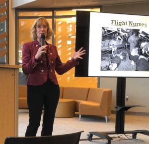 Sarah Sundin speaking at Fresno State University, November 4, 2019