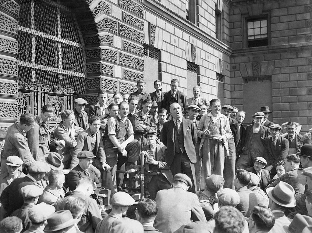 Harry Pollitt, General Secretary of the Communist Party of Great Britain, gives a speech to workers in Whitehall, London, 1941 (Imperial War Museum: D 4419)