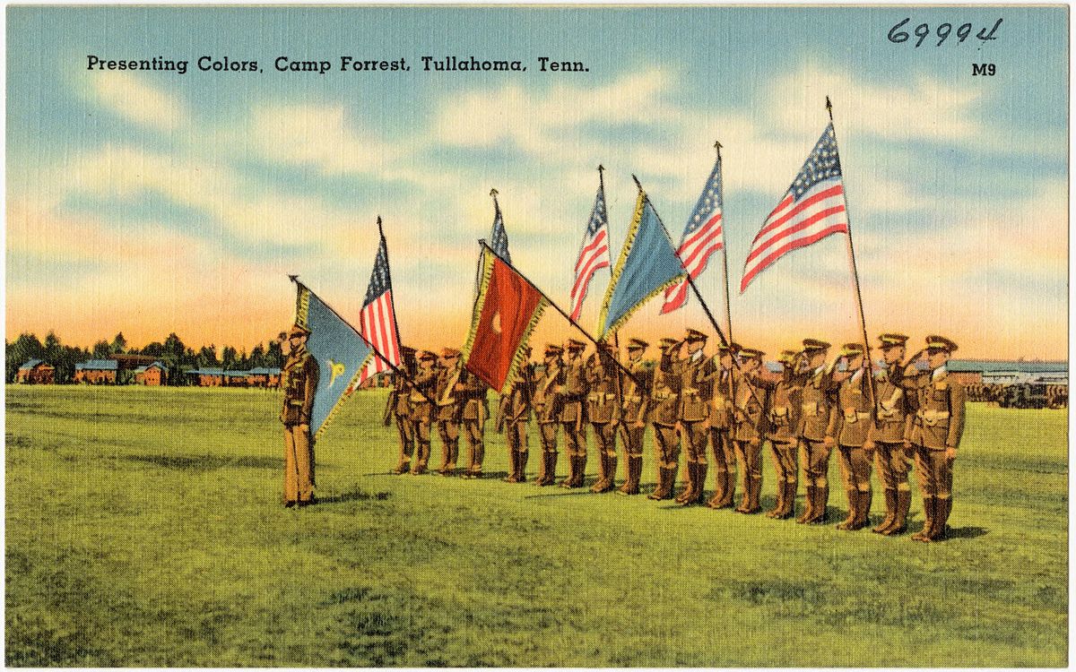 Postcard: Presenting Colors, Camp Forrest, Tullahoma, TN, c. 1941-44 (public domain via Boston Public Library Tichnor Brothers collection #69994)