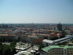 Looking down on the Viktualienmarkt from the tower of St. Peterskirche, with travel buddy X (Photo courtesy of Stephen Sundin, July 2007)