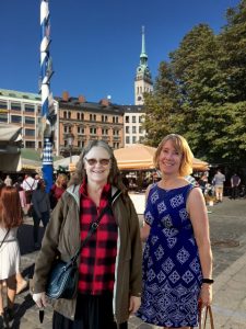 Viktualienmarkt with St. Peterskirche in the background, with travel buddy Debbie Troxell (Photo courtesy of Jill Oishi Reichner)